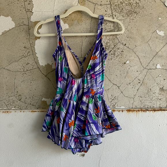 Vintage 80s 90s Floral Peplum One Piece Swimsuit M Purple Modest Pinup Skirted - Picture 7 of 8